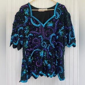 VINTAGE Laurence Kazer Teal Purple Place Beaded Sequin SILK Blouse XL
